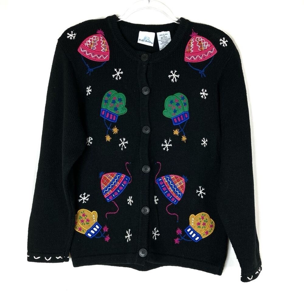 Bobbie Brooks Vintage Winter Sweater Black Cardigan Gloves Hats Embroidered SM